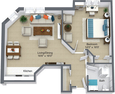 Architectural floor plan of a two-bedroom layout