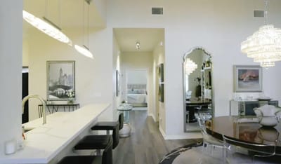 Modern, well-lit dining area in assisted living facility