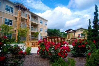 Beautiful outdoor space with flowers and seating areas