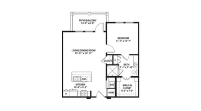 Architectural floor plan of a one-bedroom unit