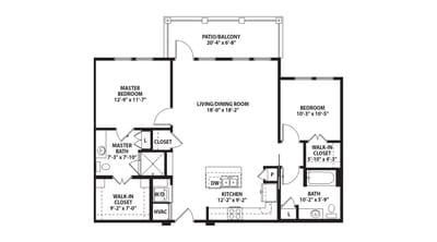 Floor plan of a two-bedroom apartment layout