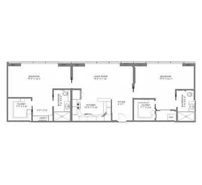 Architectural floor plan of a two-bedroom layout