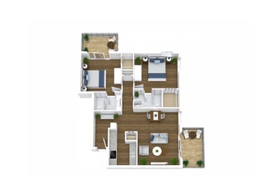 Architectural floor plan of a two-bedroom layout