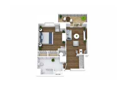Architectural floor plan of a one-bedroom unit