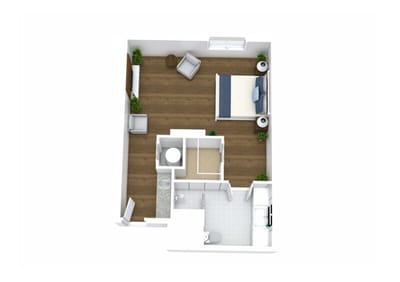 Layout of a private resident room with furniture