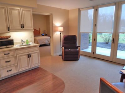 Interior of a resident room with kitchenette