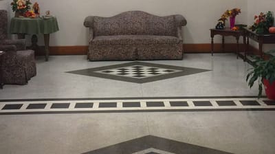 Cozy lounge area with a patterned couch