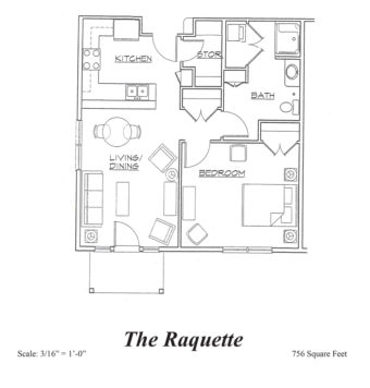 Architectural floor plan of a one-bedroom unit