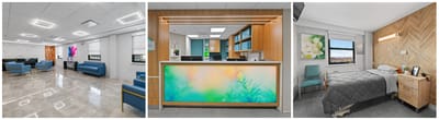 Bright common area and reception desk in a senior living facility