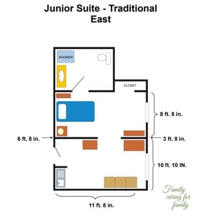 Floor plan of a junior suite with measurements