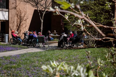 Residents enjoying a sunny outdoor space with flowers