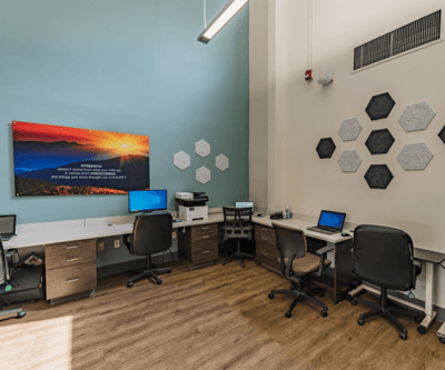 Modern interior of a computer lab with workstations