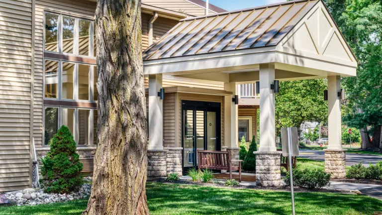 Exterior view of a senior living facility entrance