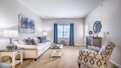 Bright living room with comfortable seating and decor