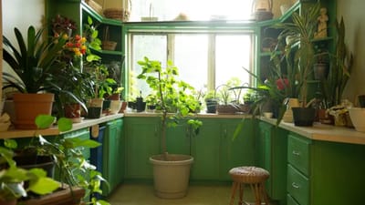 Bright, green interior space filled with plants