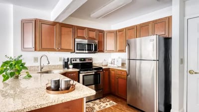 Bright kitchen in a senior living facility apartment