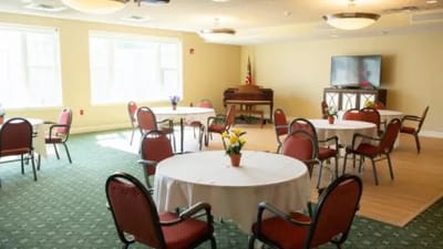 Bright common area set up for activities