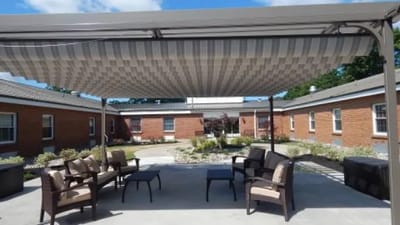 Patio seating area with garden view