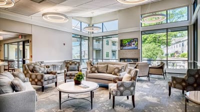 A bright and inviting lounge area with seating
