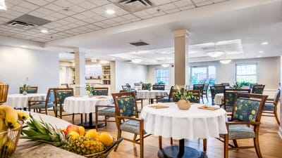 Bright dining room with tables and seating