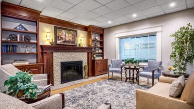 Cozy common area with comfortable seating and fireplace