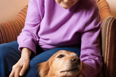Resident interacting with a golden retriever.