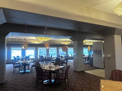 Dining room with tables and festive decorations