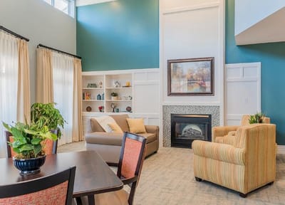 Bright common area with seating and decor