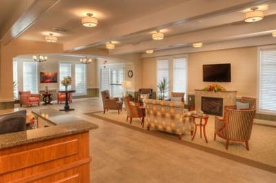 Bright common area with seating and decor