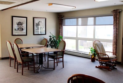 Interior communal area with tables and chairs