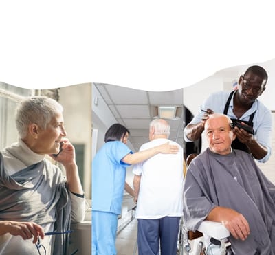 Residents and staff engaging in care activities