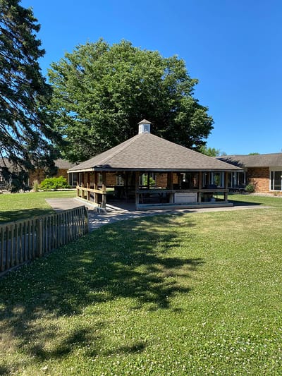 Outdoor space with a gazebo in a senior care facility