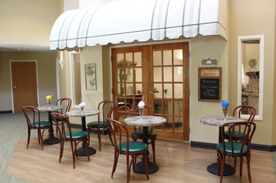 Interior view of a cozy ice cream shop area