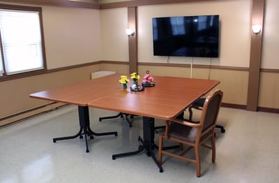 Interior common area with tables and seating