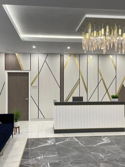 Modern reception area with stylish decor and lighting