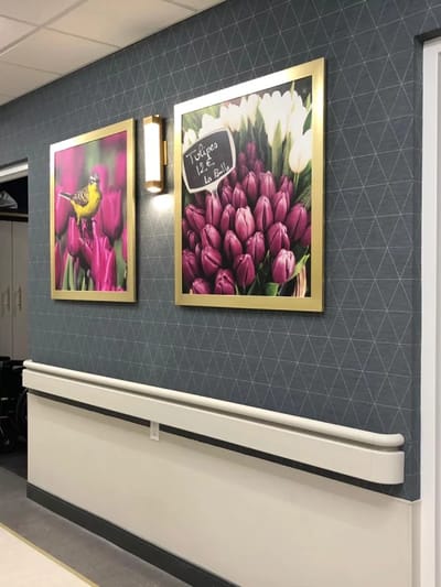 Colorful floral artwork in the hallway