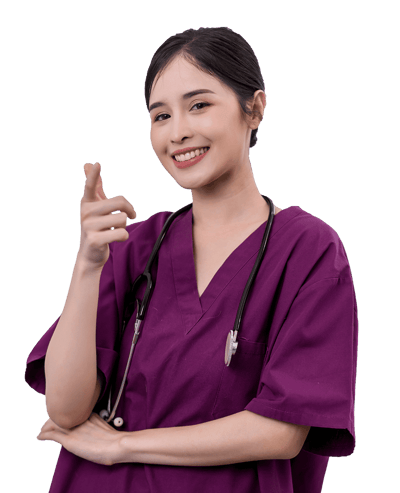 A smiling healthcare worker wearing scrubs