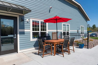 Outdoor patio seating area with umbrellas
