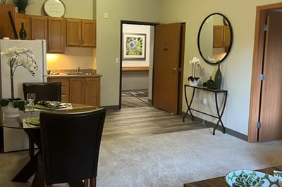 Cozy interior of a resident suite with kitchenette