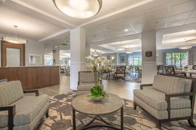 Bright common area with seating and decor