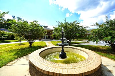 Outdoor fountain surrounded by greenery at the facility