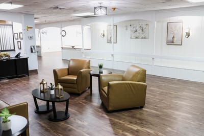 Bright common area with seating and decor