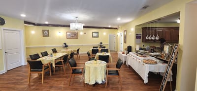 Dining area with tables set for a meal event