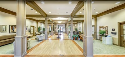 Bright common area with seating and decor
