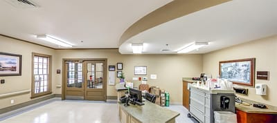 Reception area with front desk and seating