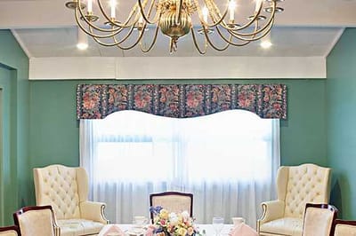 Brightly lit dining room with elegant decor