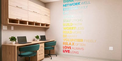 Interior workspace with motivational wall decor
