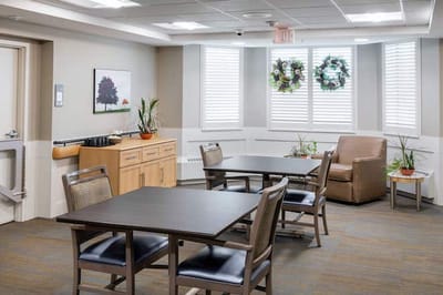 Bright common area with seating and decorations