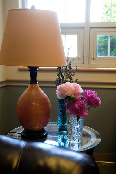 Cozy corner with a lamp and flowers in a communal space
