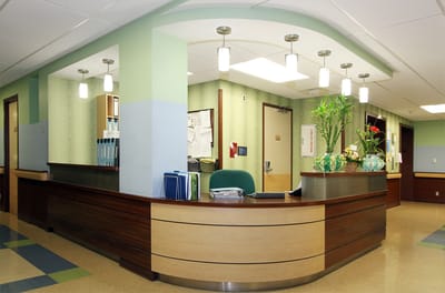 Reception area with modern decor and lighting